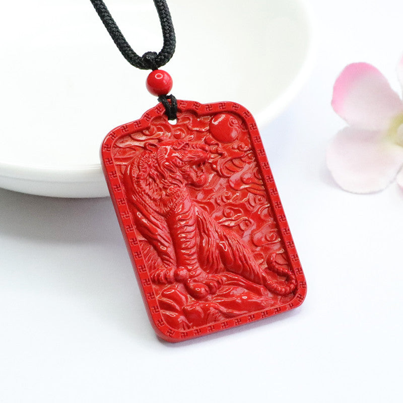 Cinnabar Tiger Square Sterling Silver Pendant with Vermilion Stone