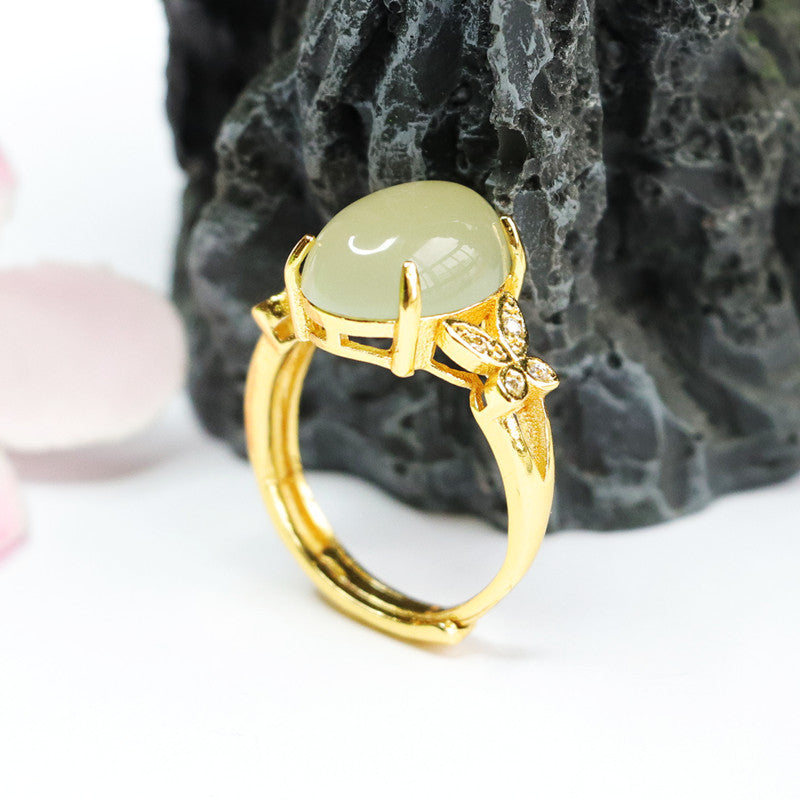 Oval Hetian Jade Ring with Zircon Butterfly Accent and Adjustable Design