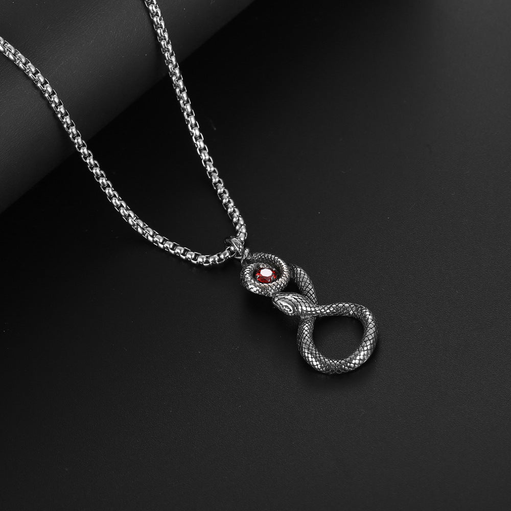 Retro Titanium Steel Snake Eye Necklace with Red Zircon Accent for Men