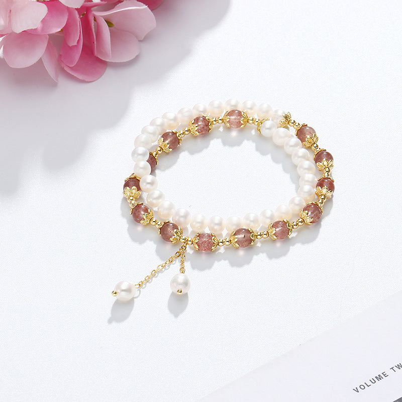 Exquisite Strawberry Crystal and Freshwater Pearl Double Stacked Bracelet