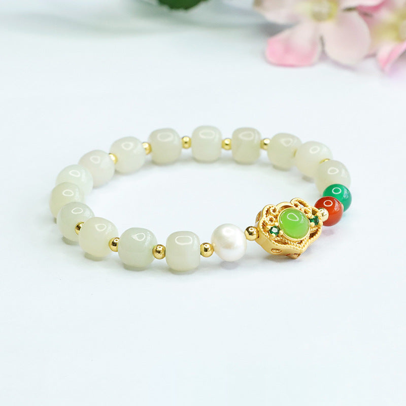 Fortune's Favor Sterling Silver Bracelet with Jade, Pearl, and Chalcedony Gems