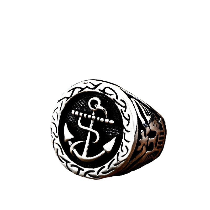 Titanium Steel Retro Pirate Anchor Ring for Men - Edgy Punk Jewelry in Sizes 8-13