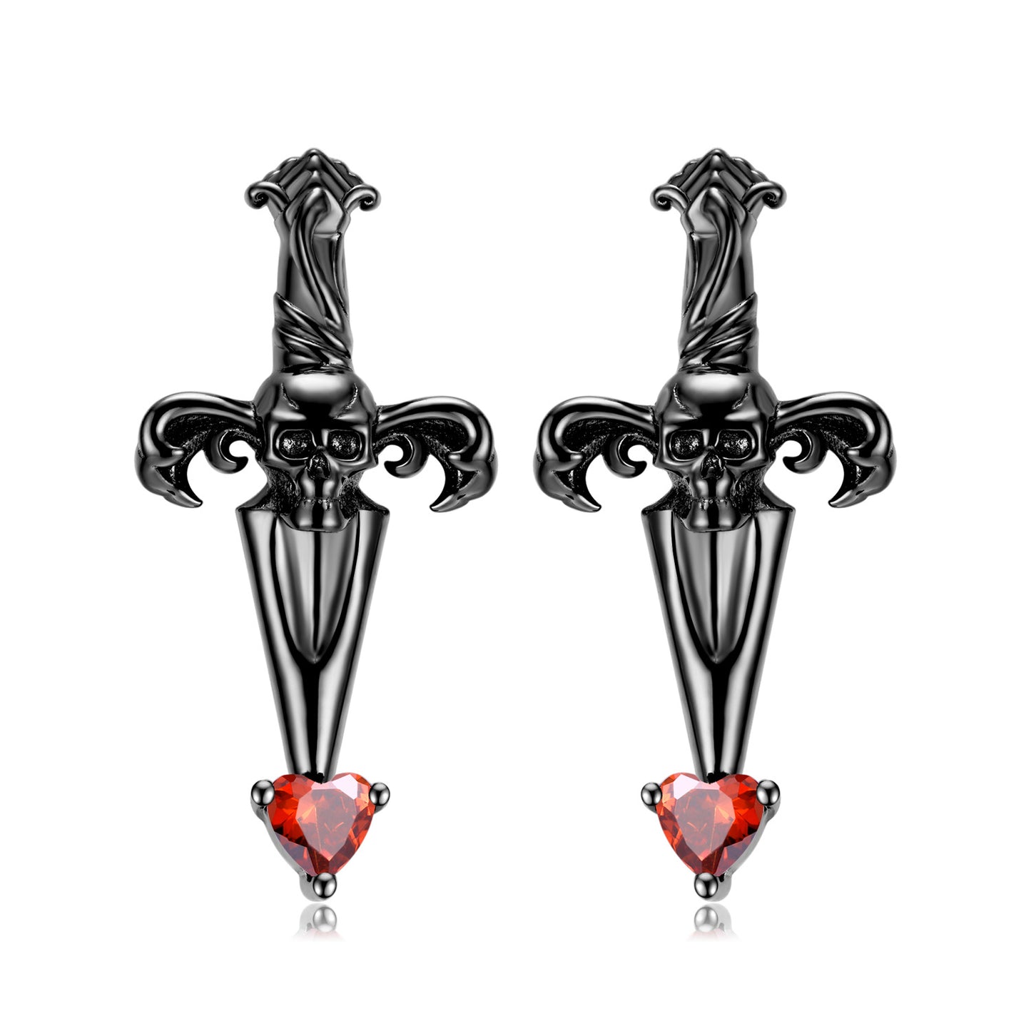 Halloween Skull Cross Sword Heart Shape Red Zircon Silver Stud Earrings