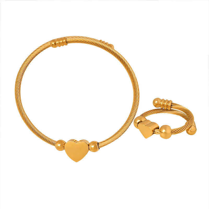 Gold-plated Love Coil Bracelet and Ring Set - Korean Fashion Jewelry