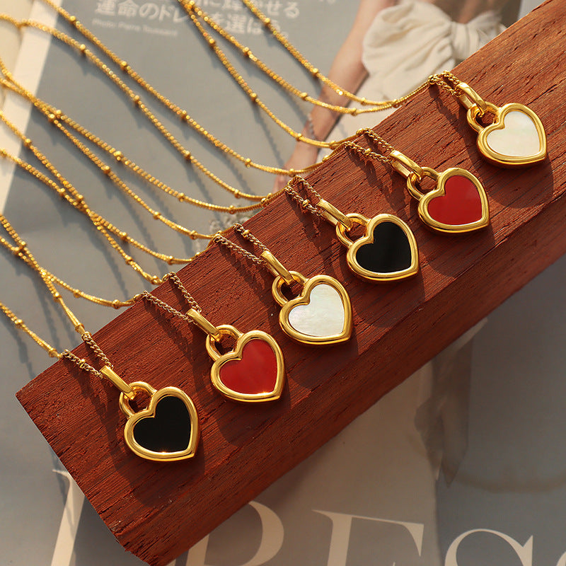 Cream Sweet Style Double-Sided Peach Heart Pendant Necklace with Gold-Plated Seashell Inlay