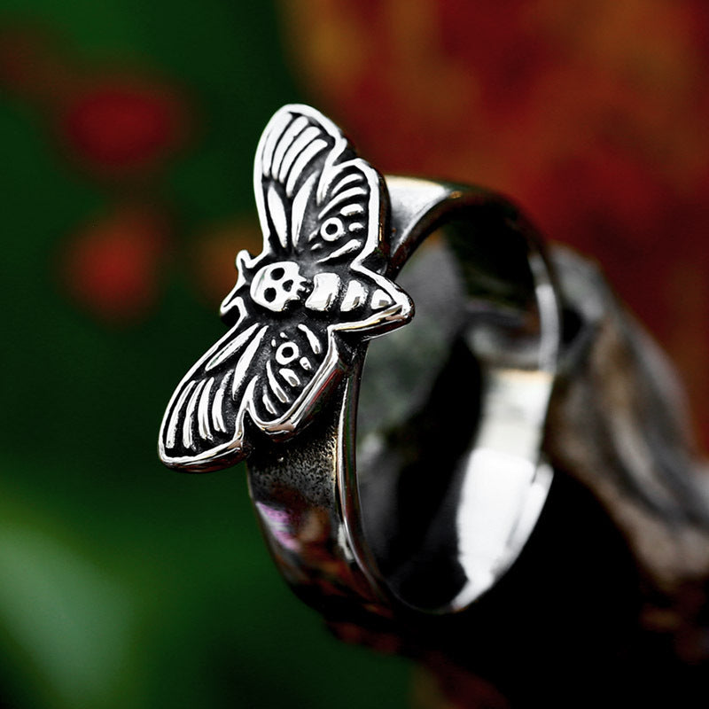 Nordic-Inspired Men's Titanium Steel Ring Jewelry - Wholesale Stainless Steel Moth Design