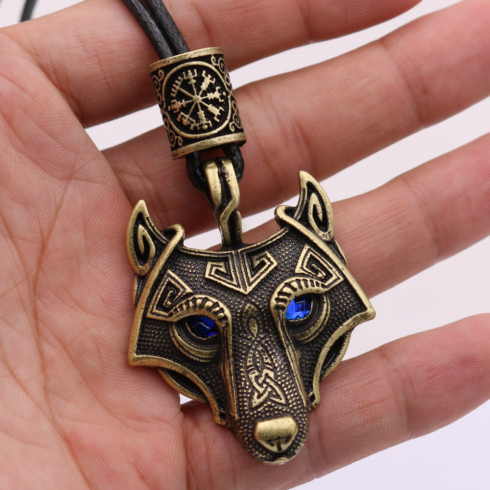 Viking Wolf Head Necklace with Celtic Knot Rune Beads for Men from Norse Legacy Collection