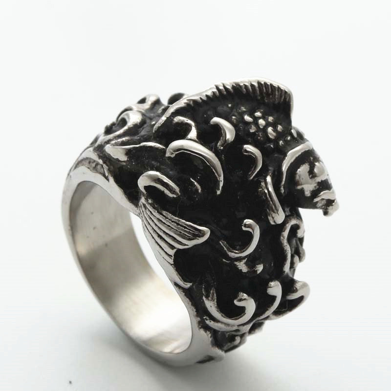 Punk-Inspired Titanium Steel Fish Wave Ring for Men - Stylish Stainless Steel Accessory, Sizes 7-13