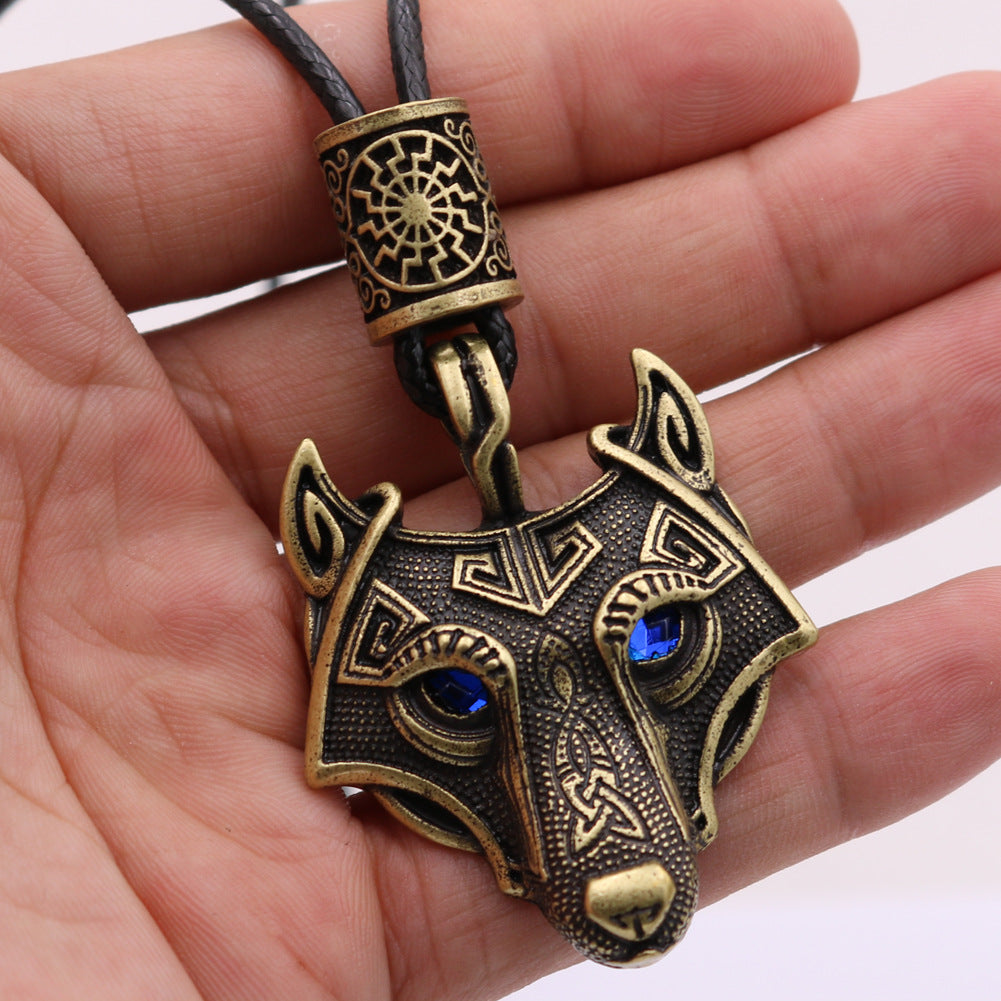 Viking Wolf Head Necklace with Celtic Knot Rune Beads for Men from Norse Legacy Collection