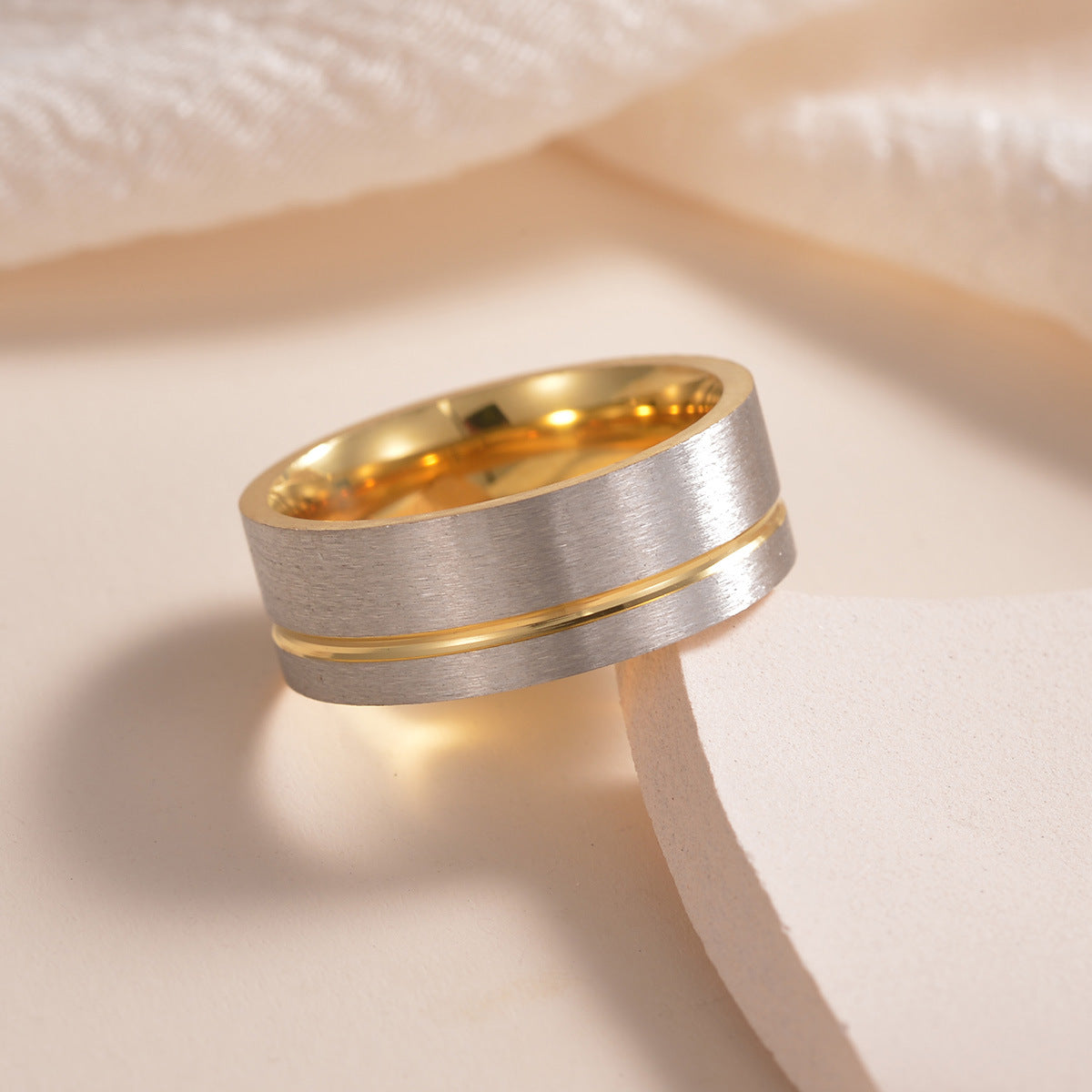 8mm Stainless Steel Men's Ring with Frosted Gold and Silver Finish