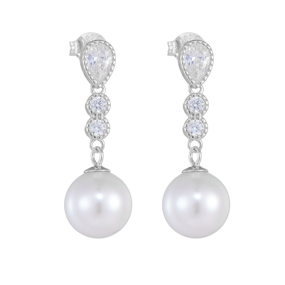 Long Style Zircon Round Pearl Sterling Silver Drop Earrings