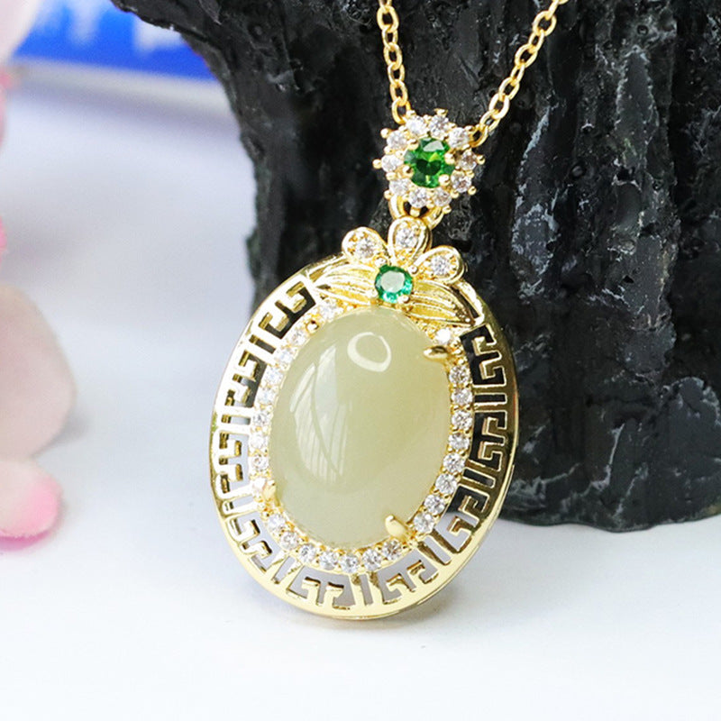 Natural Hotan Jade Pendant with Hollow Zircon Detail