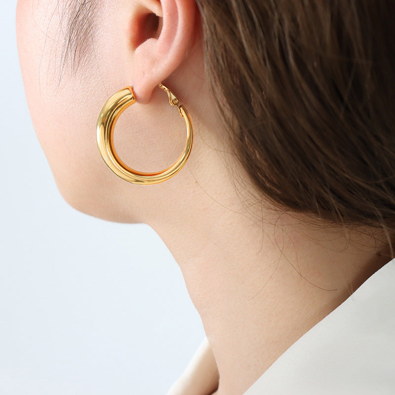 Hong Kong Style Gold-Plated Stainless Steel Earrings with Hollow Circles