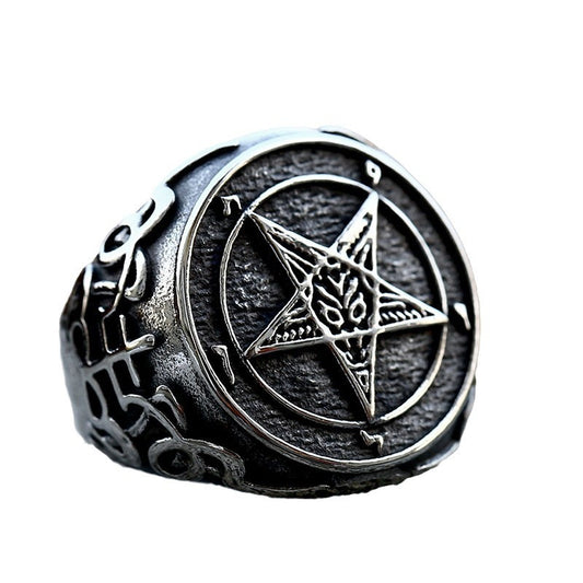 Men's Retro Devil Pentagram Titanium Steel Ring - Unique Satanic Design