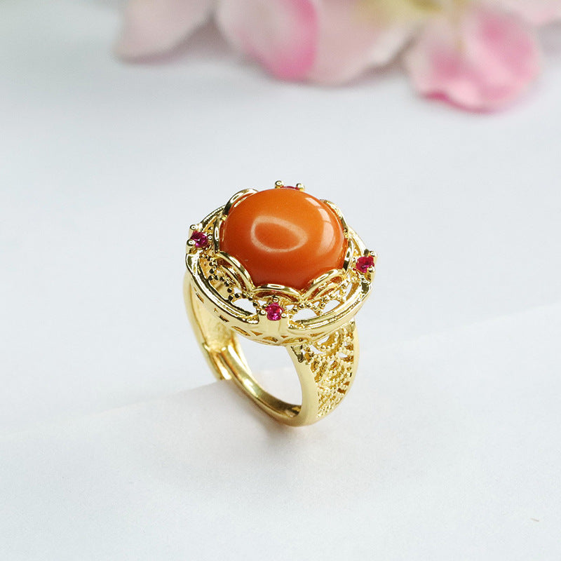 Golden Honey Wax Amber Fortune Ring with Sterling Silver