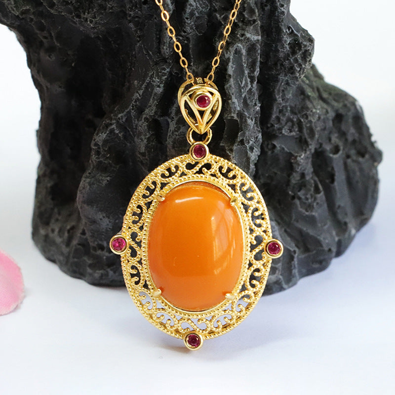 Sterling Silver Beeswax Amber Pendant Hollow Necklace