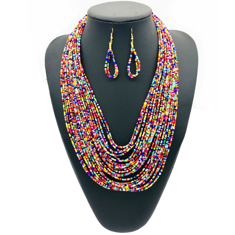 Colorful Multi-layer Beaded Necklace Set with Ethnic Flair