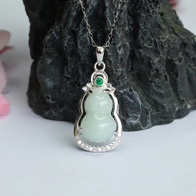 Fortune's Favor Sterling Silver Jade Gourd Pendant Necklace with Green Zircon