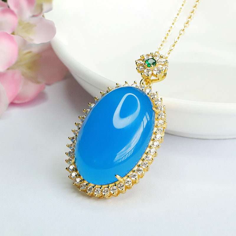Blue Chalcedony Pendant Necklace with Zircon Halo