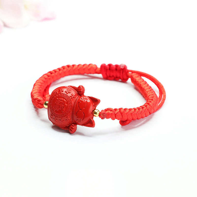 Fortune's Favor Cinnabar Red Sand Beckoning Cat Sterling Silver Bracelet