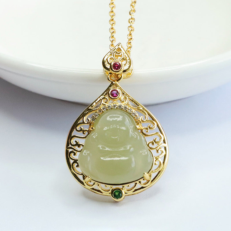 Jade Buddha Pendant with Sparkling Zircon Necklace