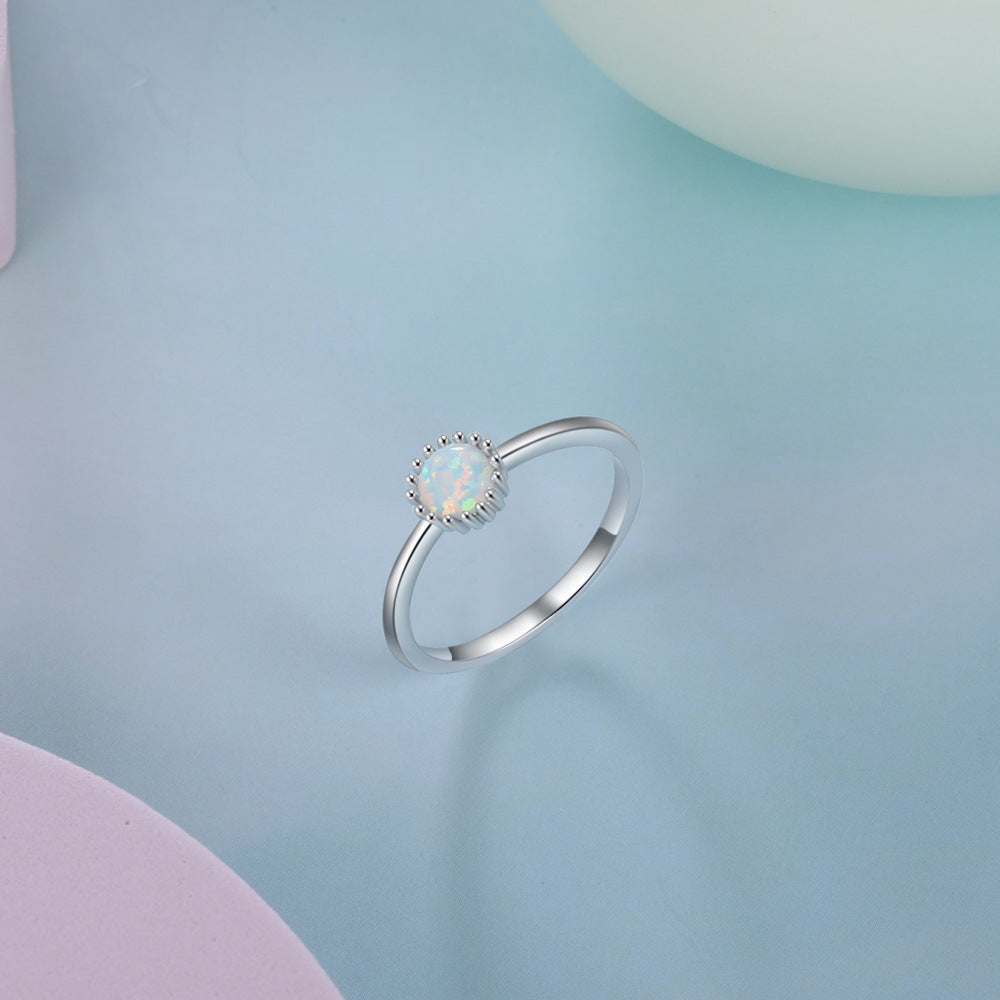 Circular Prongs Round Opal Sterling Silver Ring