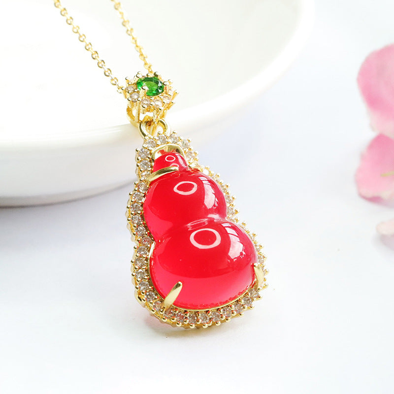 Red Agate Gourd Pendant Necklace with Zircon Halo