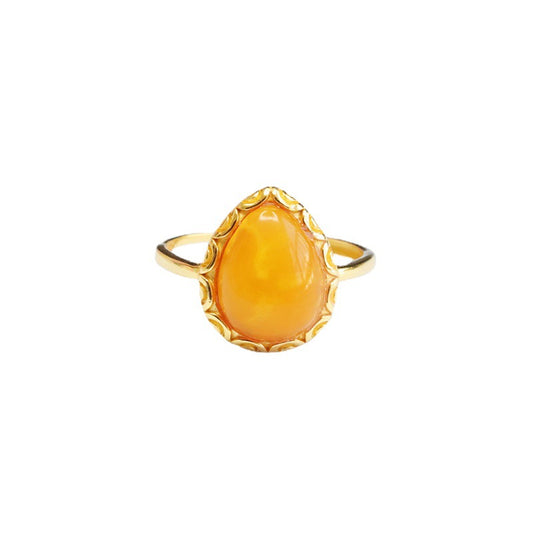 Silver Water Drop Amber Ring