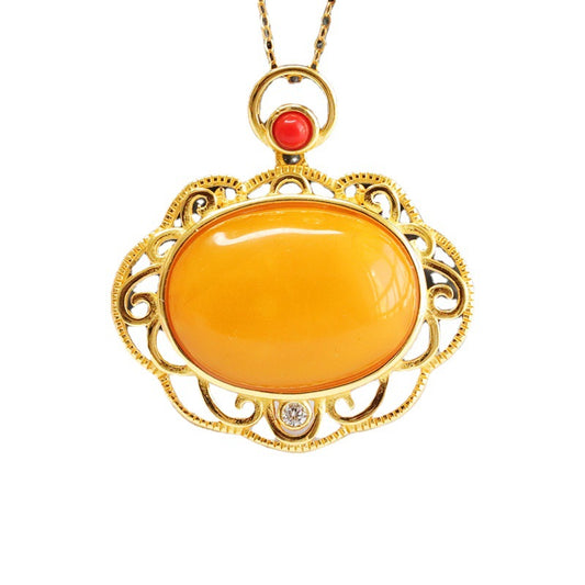 Sterling Silver Beeswax Amber Pendant Necklace with Auspicious Cloud Design