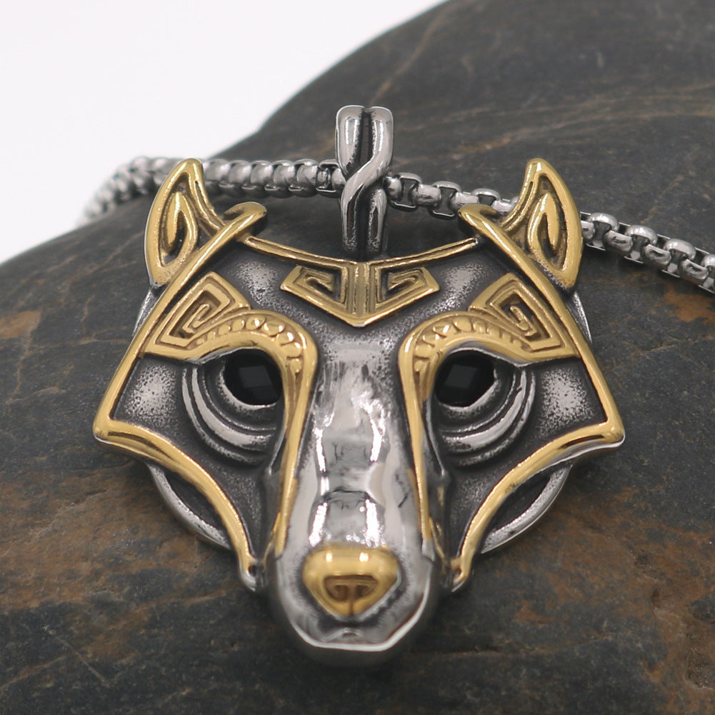 Viking Odin Wolf Head Titanium Steel Pendant Necklace for Men