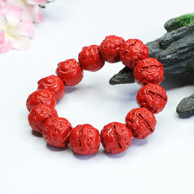 Red Sand Pixiu Head Sterling Silver Bracelet with Cinnabar Stone