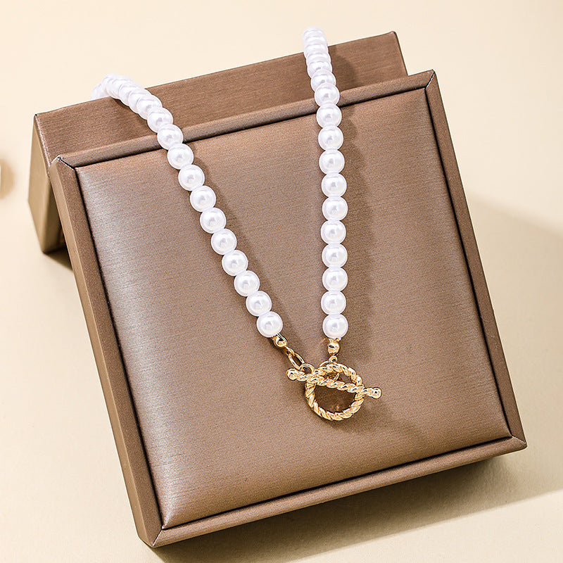 Imitation Pearl OT Clasp Necklace with Simple Niche Pendant - Planderful Vienna Verve Collection