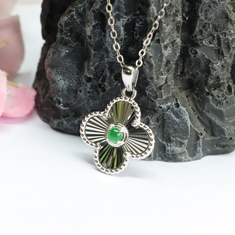 Sterling Silver Four-leaf Clover Ice Jade Pendant Necklace