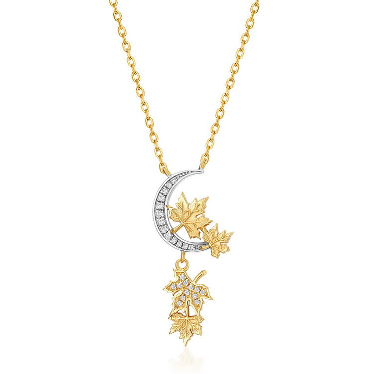Two Tone Maple Leaf Moon Pendant Zircon Sterling Silver Necklace