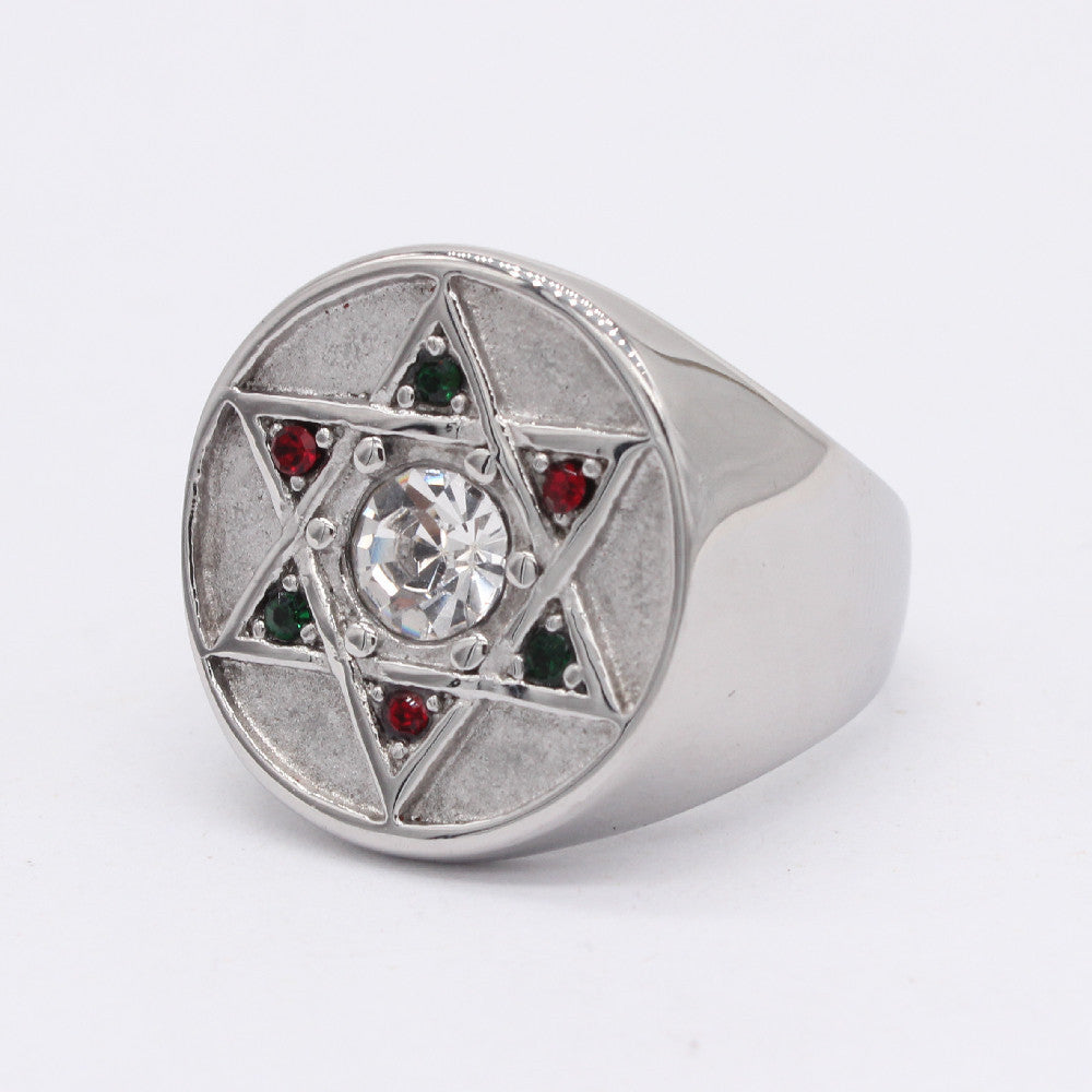 Fashion Simple Six-pointed Star Colourful Zircon Titanium Steel Ring for Men