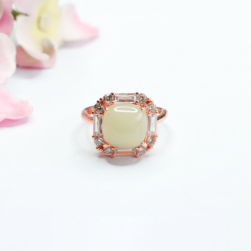 Elegant Hetian Jade and Zircon Sterling Silver Ring with Adjustable Fit