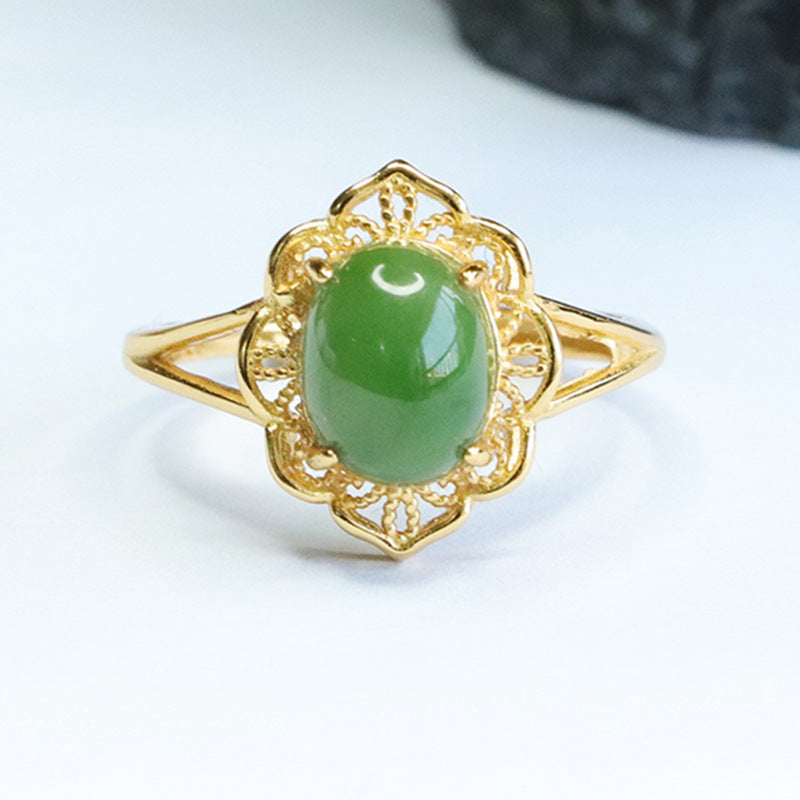 Fortune's Favor S925 Silver Hotan Jade Jasper Hollow Flower Split Shank Ring