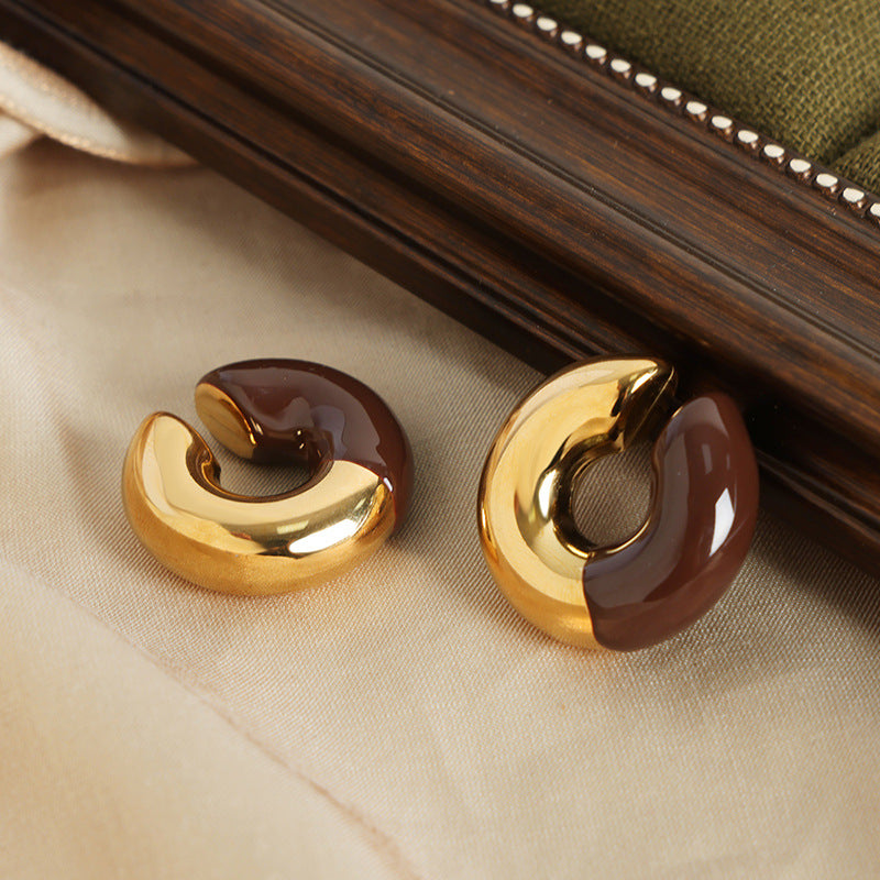 Elegant Titanium Steel Gold-Plated Enamel Round Earrings for Women