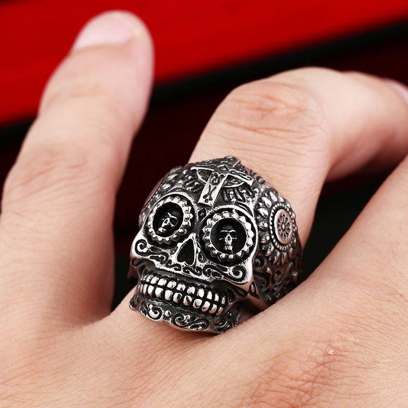 Custom Engraved Skull Cross Ring in Retro Titanium Steel for Men - European and American Style Stainless Steel Ring