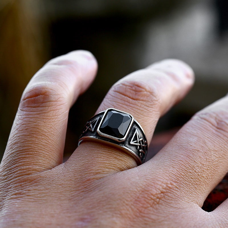 Lucifer Satan Inspired Stainless Steel Men's Ring - Retro Titanium Steel with Stone Inlays, Sizes 7-13 Available