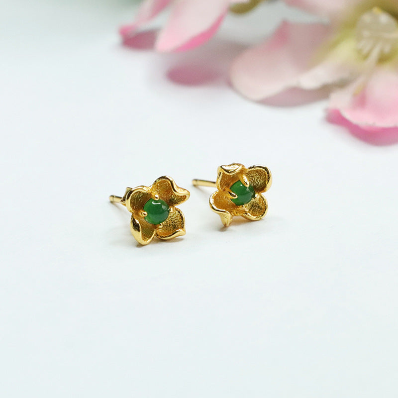 Green Jade Flower Sterling Silver Stud Earrings