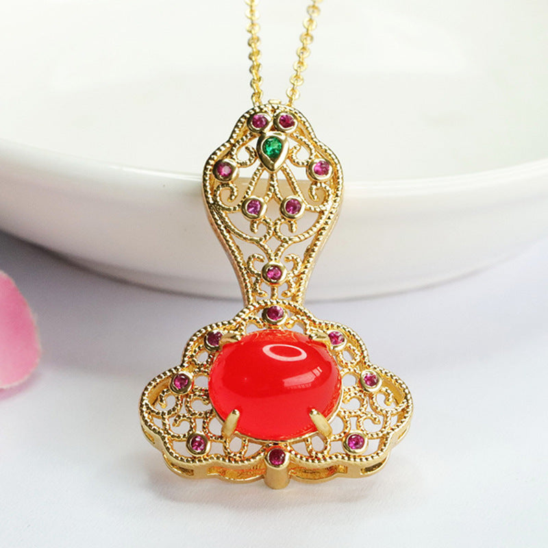 Auspicious Cloud Ruyi Golden Pendant with Ice Green Chalcedony and Red Agate in Ethnic Style