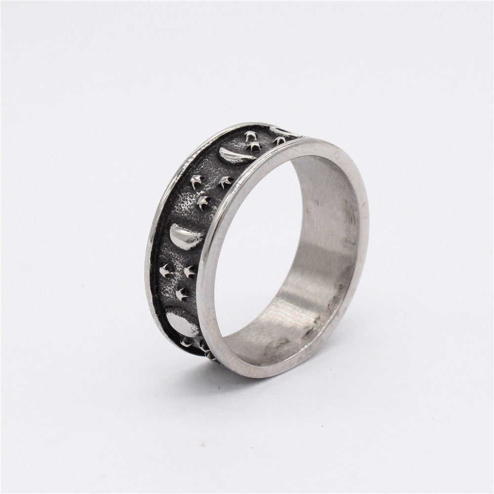 Vintage Star and Moon Titanium Steel Ring