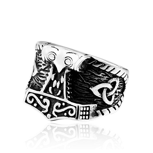 Mythical Warrior Viking Odin & Thor's Hammer Titanium Steel Ring for Men