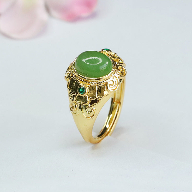 Elegant Hetian Jade Ring with Green Zircon Accents