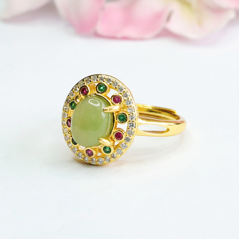 Vintage Hotan Jade Jasper Sterling Silver Ring with Colorful Zircon Accents