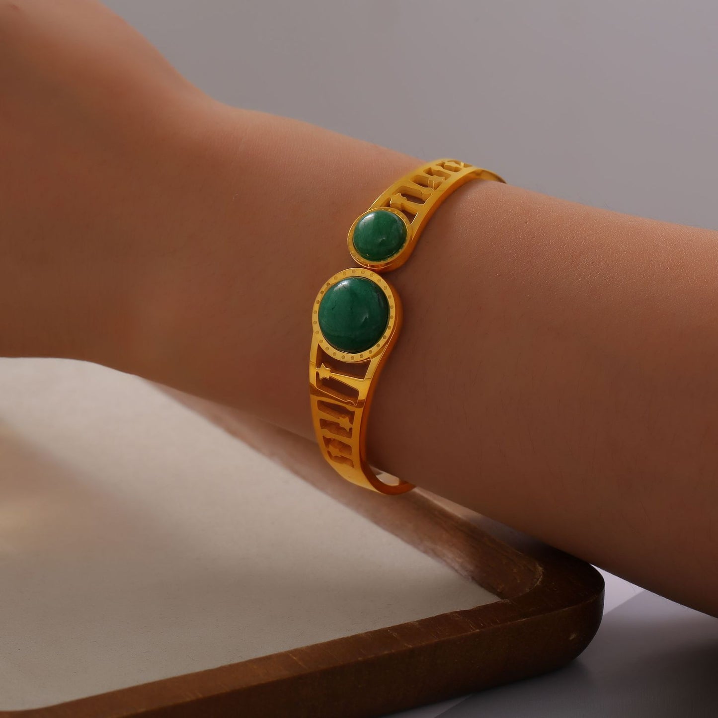 Tianhe Green Stone Roman-inspired Multi-layer Bracelet with Hollow Design