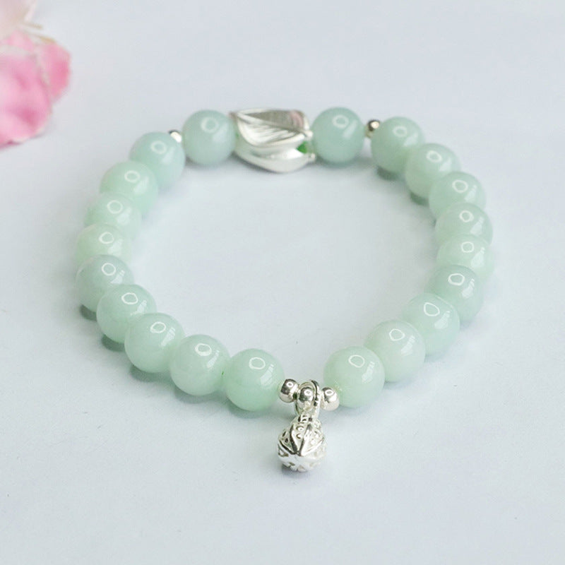 Fortune's Favor Sterling Silver Jade Bracelet with Peanut Leaf Design