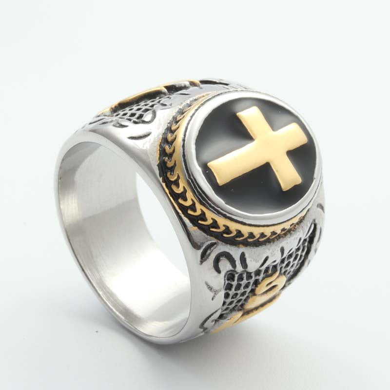 Trendy Retro Titanium Steel Cross Ring for Men - Stylish Black Epoxy Accessory