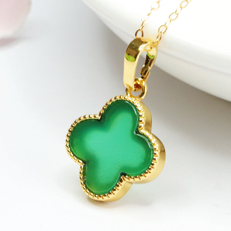 Clover Pendant Fortune's Favor Necklace with Green Chalcedony Gem